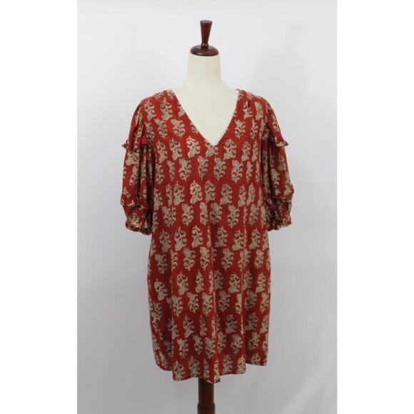 ANNA CATE Sz L Large Rust Rose Floral Cotton Block Print Dress - Picture 8 of 10